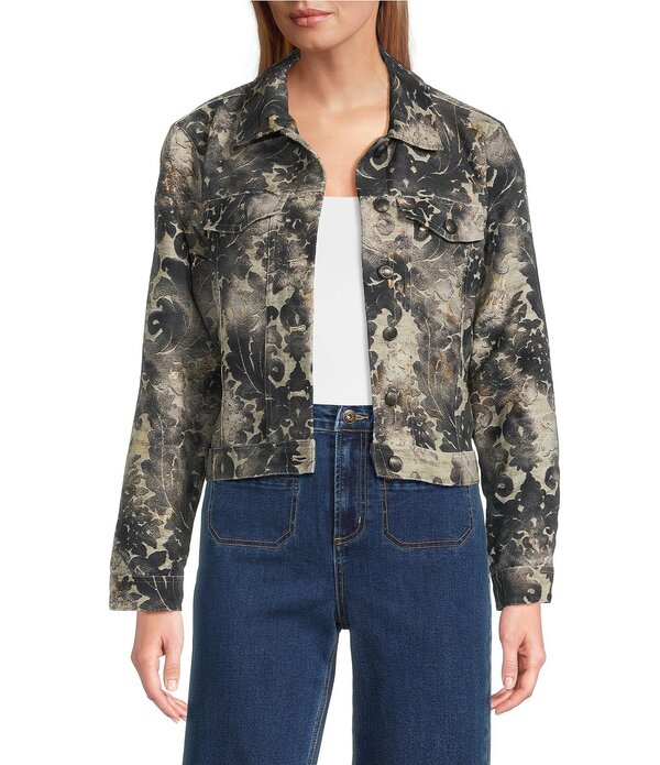ジョン マーク レディース アウター コート アニマル柄 フラワー柄 プリント フラワー ジャケット John Mark Chenille Floral \u0026 Animal Print Burnout Point Collar Long Sleeve Button Front Jacket Natural アニマル