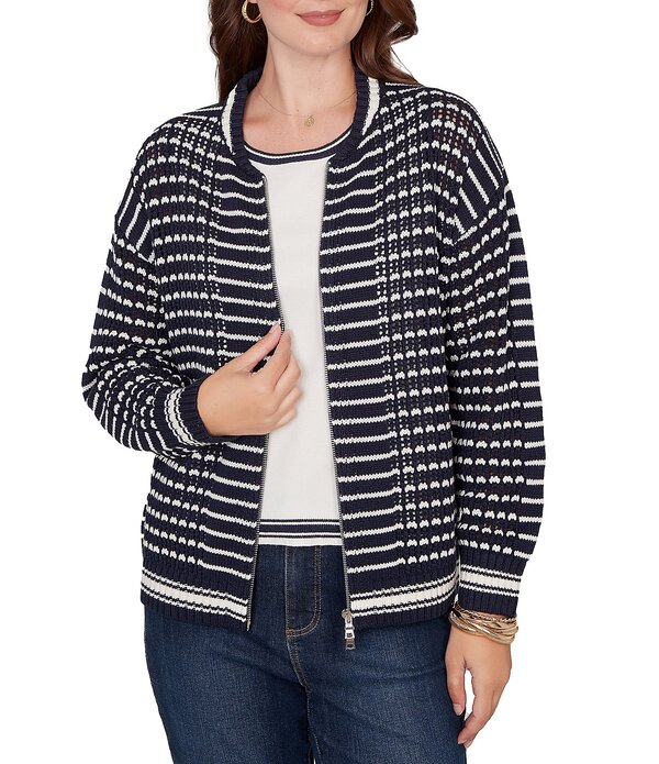 ルビーアールディー レディース アウター ニット・セーター リブ メッシュ Ruby Rd. Striped Ribbed Long Sleeve Mesh Zip-Up Sweater Navy ネイビー