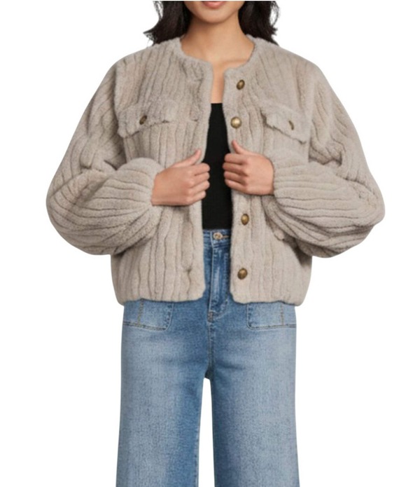エーラブズエー レディース アウター コート ジャケット A Loves A Faux Furound Neck Long Bubble Sleeve Button Front Jacket Light Grey グレー