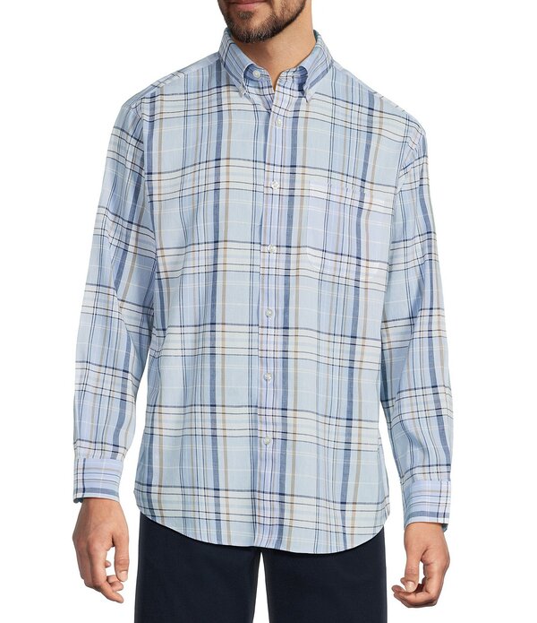 ラウンドトゥリーアンドヨーク メンズ トップス プルオーバー リネン Gold Label Roundtree \u0026 Yorke Non-Iron Long Sleeve Large Plaid Pattern Linen Sport Shirt Blue 青色