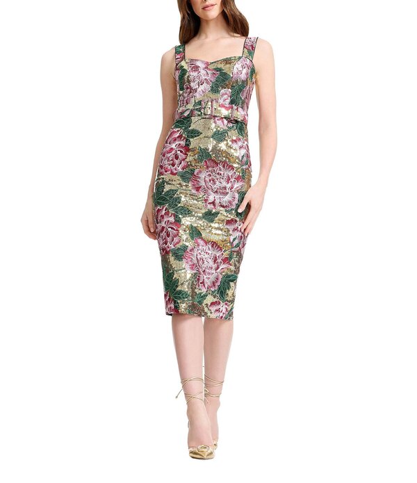 ドレスザポプレーション レディース トップス ワンピース フラワー柄 ミディ スパンコール フラワー Dress the Populationicole Sequin Sweetheart Neckline Floral Belted Sheath Midi Dress Gold Multi ゴールド