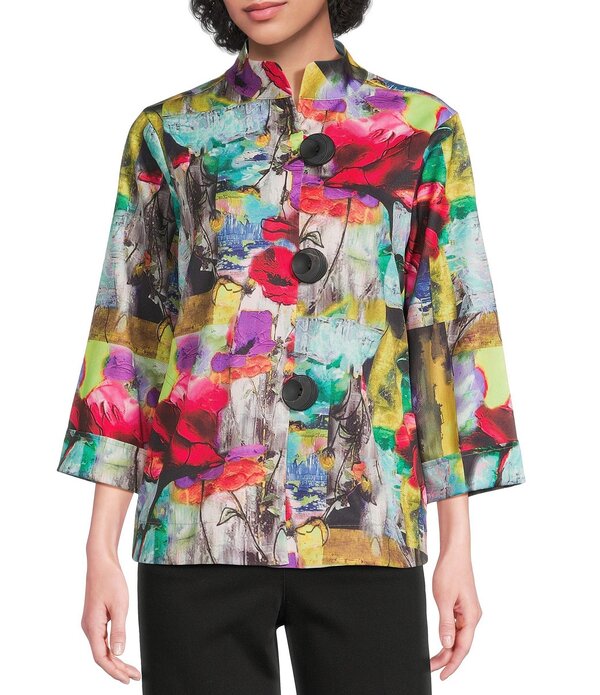 アリ マイルス レディース アウター コート プリント ジャケット Ali Miles Abstract Print Stand Collar 3/4 Sleeve Button Front Jacket Multi マルチカラー
