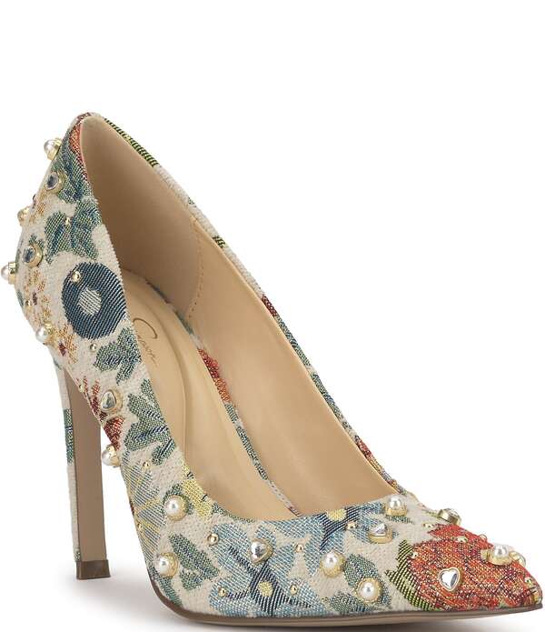 ジェシカシンプソン レディース シューズ 踵 御花柄 御花 Jessica Simpson Welica Studded Floral Brocade Pearl Embellished Pumps Cream/Multi 皮膚軟化剤
