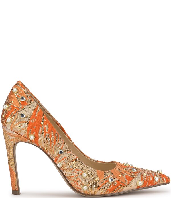 ジェシカシンプソン レディース シューズ 踵 トール Jessica Simpson Welica Studded Metallic Brocade Pearl Embellished Pumps Tangerine タンジェリン