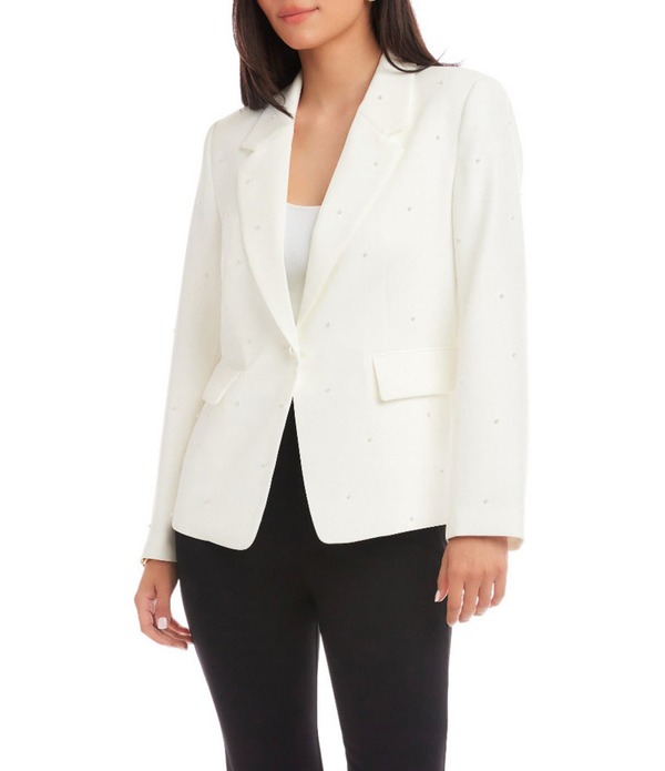 カレンケーン レディース アウター コート クレープ ブレザー Karen Kane Crepe Woven Pearl Embellished Notch Collar Long Sleeve Button Front Blazer Off White オフホワイト
