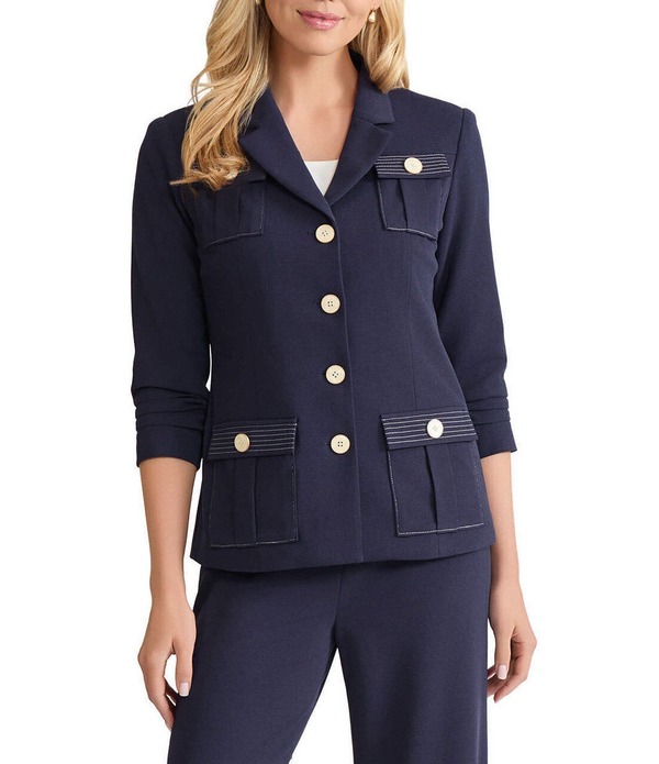 ミンウォン レディース アウター コート クレープ ジャケット Ming Wang Heritage Stretch Deco Crepe Notch Collar 3/4 Sleeve Jacket Indigo/White ホワイト