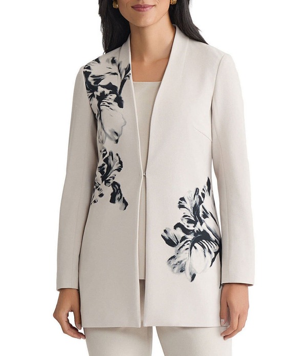 ミンウォン レディース アウター コート Vネックレープ フラワー柄 プリント フラワー ジャケット Ming Wang Heritage Floral Print Stretch Crepe V-Neck Long Sleeve Jacket Limestone/Black ブラック