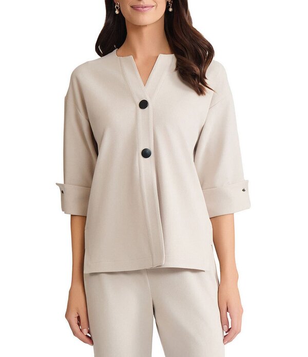 ミンウォン レディース アウター コート Vネックレープ ジャケット Ming Wang Heritage Tonal Stretch Crepe V-Neck 3/4 Cuffed Sleeve Jacket Limestone