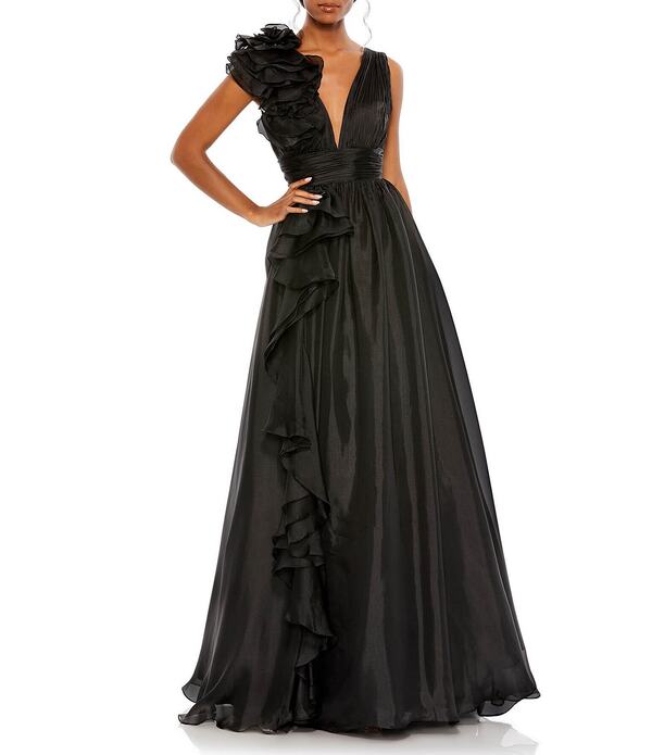 マックダガル レディース トップス ワンピース Vネック シフォン フリル ノースリーブ Mac Duggal Chiffon Deep V-Neck Sleeveless Ruffled Shoulder Ball Gown Black ブラック｜ReVida 店 75,240円