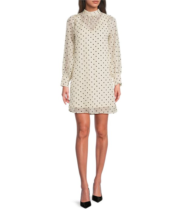 ビーシビージー レディース トップス ワンピース モックネック BCBG Organza Mock Neck Long Illusion Sleeve Dotted Shift Dress Ivory/Black アイボリー