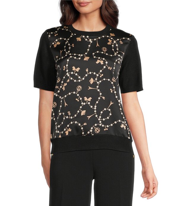 カール ラガーフェルド レディース アウター ニット・セーター クルーネック プリント KARLAGERFELD PARIS Knit Printed Crew Neck Short Sleeve Sweater Black Multi ブラック