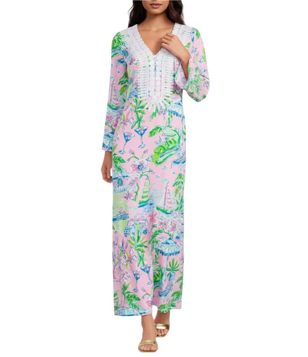 リリーピュリッツァー レディース トップス ワンピース Vネックレープ レーストリム プリント サテン レース マキシ Lilly Pulitzer Ocleppo Satin Back Crepe Sunny Dee Print Lily Lace Trim V-Neck Flare Sleeve Maxi Caftan Dress Conch Shell
