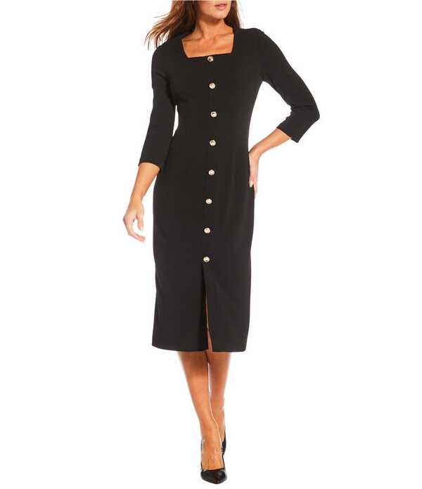 インベストメンツ レディース トップス ワンピース クレープ スキューバ Investmentscuba Crepe 3/4 Sleeve Faux Button Front Sheath Dress Black ブラック