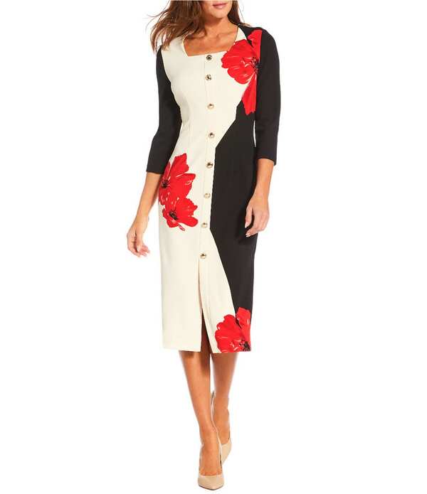 インベストメンツ レディース トップス ワンピース クレープ フラワー柄 スキューバ フラワー Investmentscuba Crepe Floral 3/4 Sleeve Faux Button Front Sheath Dress Ivory/Black Poppy アイボリー
