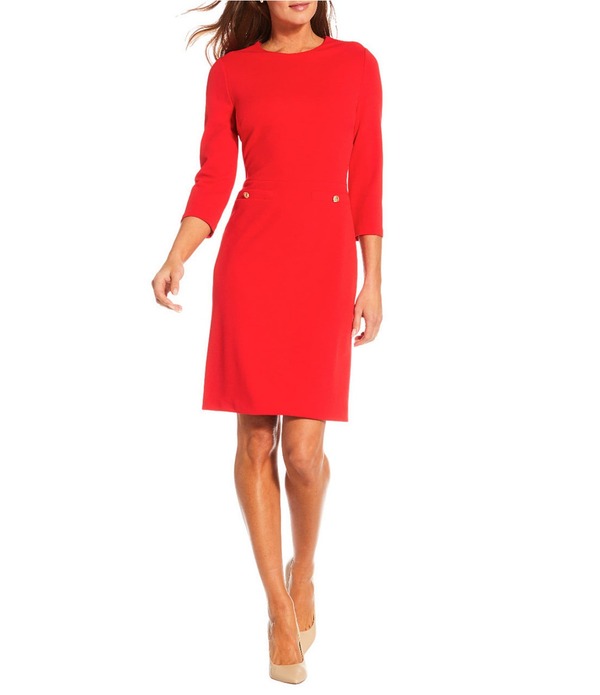 インベストメンツ レディース トップス ワンピース クルーネックレープ スキューバ Investmentscuba Crepe 3/4 Sleeve Crew Neck Sheath Dress Lychee Red レッド