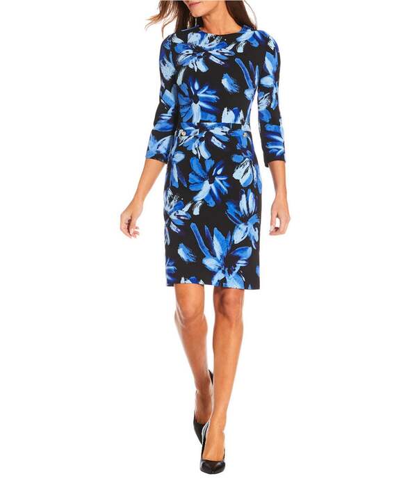 インベストメンツ レディース トップス ワンピース クルーネックレープ フラワー柄 スキューバ フラワー Investmentscuba Crepe Floral 3/4 Sleeve Crew Neck Sheath Dress Black/Blue Painted Floral ブラック