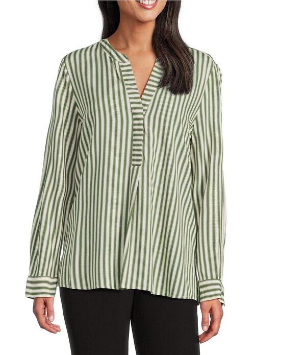 インベストメンツ レディース トップス シャツ ブラウス Investments Nora Stripe Long Sleeve Y-Neck Drapey Twill Blouse Olivine/White Stripe ホワイト