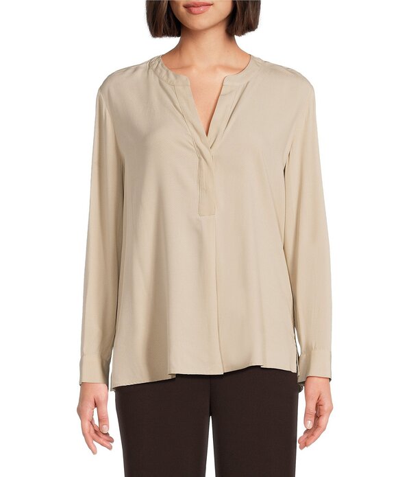 インベストメンツ レディース トップス シャツ ブラウス Investments Nora Long Sleeve Y-Neck Drapey Twill Blouse Humus