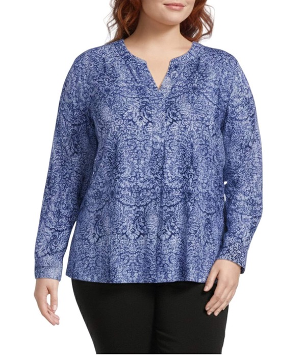 インベストメンツ レディース トップス シャツ プラスサイズ ブラウス Investments Plusize Nora Mazarine Scrollong Sleeve Y-Neck Drapey Twill Blouse Mazarine Scroll