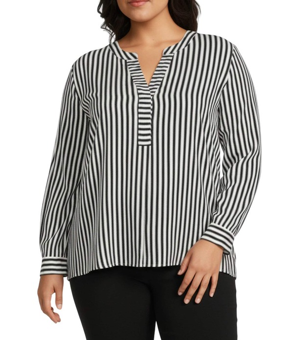 インベストメンツ レディース トップス プルオーバー つけ加える大きさ トップ Investments Plusize Nora Stripe Long Sleeve Y-Neck Drapey Twill Blouse Black/White Stripe 白いこと
