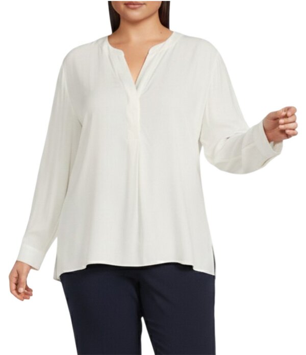 インベストメンツ レディース トップス プルオーバー つけ加える大きさ トップ Investments Plusize Nora Long Sleeve Y-Neck Drapey Twill Blouse Cannoli Cream 皮膚軟化剤