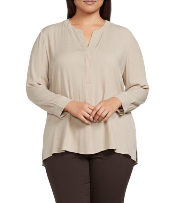 インベストメンツ レディース トップス プルオーバー つけ加える大きさ トップ Investments Plusize Nora Long Sleeve Y-Neck Drapey Twill Blouse Humus