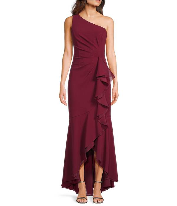 アドリアナ パペル レディース トップス ワンピース クレープ フリル ノースリーブ Adrianna Papell Crepe One Shoulder Sleeveless Ruffle Front Gown Crimson Haze クリムゾン|ReVida 店