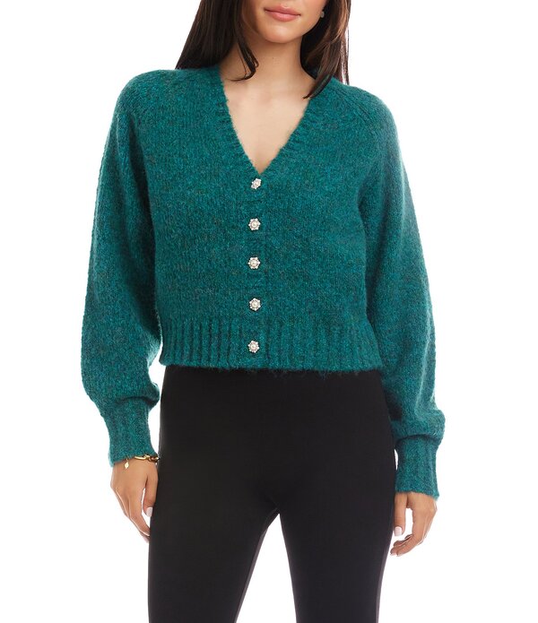 カレンケーン レディース アウター ニット・セーター Vネック ウール カーディガン Karen Kane Wool Blend V-Neck Long Sleeve Pearl Button Front Cardigan Sweater Teal ティール