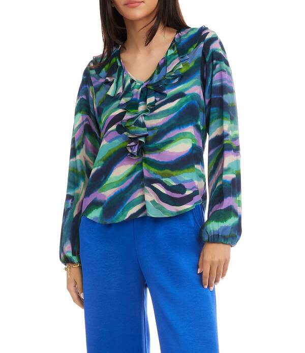カレンケーン レディース トップス シャツ Vネックレープ フリル ブラウス Karen Kane Crepe Painterly Watercoloruffle V-Neck Long Blouson Sleeve Blouse Print｜ReVida 店