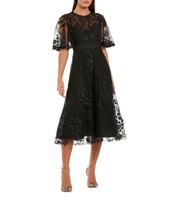 マックダガル レディース トップス ワンピース クルーネック A ライン ミディ 刺繍 レース Mac Duggal Embroidered Lace Short Flutter Sleeve Crew Neck A-Line Midi Dress Black ブラック｜ReVida 店