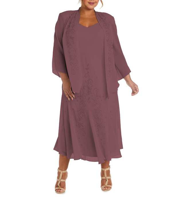 アールアンドエムリチャーズ レディース トップス ワンピース シフォン プラスサイズ ミディ ジャケット R & M Richards Plusize 2 Piece Long Beadedetail Chiffon Jacket Midi Dress Dark Rose