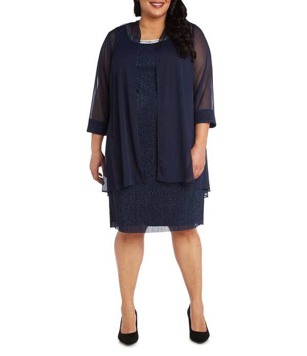 アールアンドエムリチャーズ レディース トップス ワンピース プラスサイズ ジャケット R & M Richards Plusize 2 Piece Fly Away 3/4 Sleeve Jacket Dress Navy ネイビー