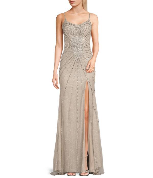 ジービー レディース トップス ワンピース ノースリーブ GB Sleevelesscoop Neck Illusion Back Slit Hem Beaded Glitter Long Dress Platinum｜ReVida 店