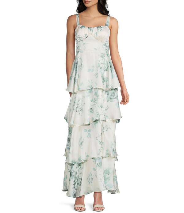ミッドナイト ドール レディース トップス ワンピース ティアード フラワー柄 プリント サテン フラワー Midnight Doll Floral Printed Satin Scoop Neck Spaghetti Strap Tieredress Ivory/Sage アイボリー｜ReVida 店 16,671円