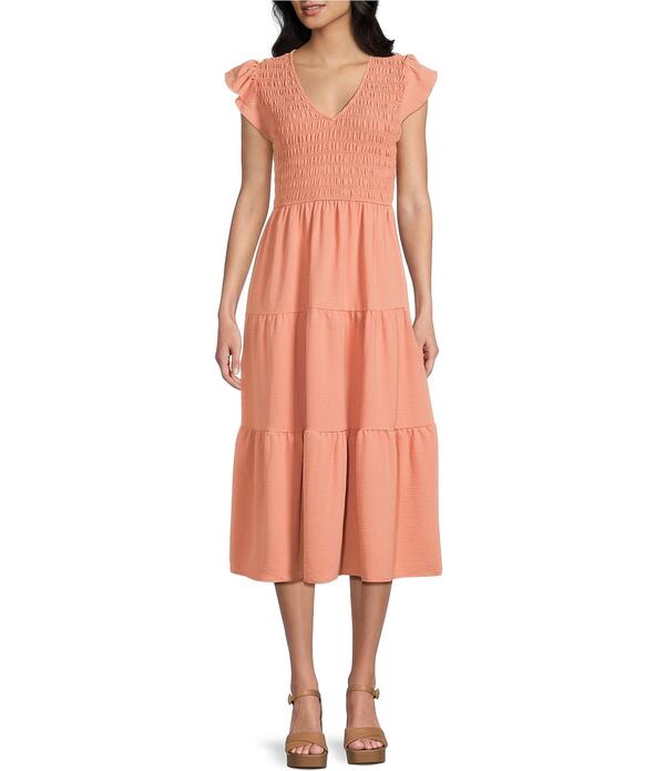 ブルーペッペーブルーペッパー レディース トップス ワンピース Vネック ティアード ミディ シャーリング Blu Pepper Smocked V-Neck Flutter Tiered Midi Dress Peach ピーチ