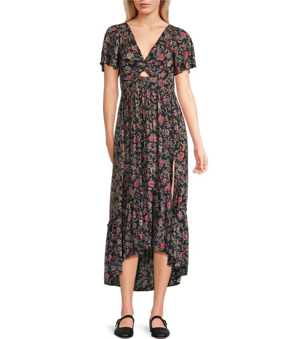 アンジー レディース トップス ワンピース サイドスリット Vネック ティアード フラワー柄 プリント ミディ フラワー Angie Floral Printedeep V-Neck Twist Frontiered Side Slit Midi Dress Black ブラック｜ReVida 店 9,975円