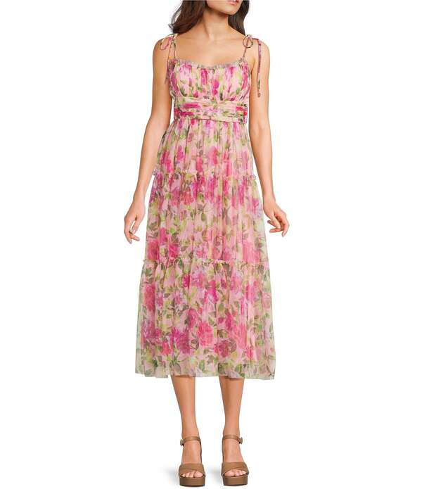 シティヴァイブ レディース トップス 衣装 ティアード お花柄 刷り上げる midi 帝国 お花 City Vibe Floral Printed Tie Shoulder Empire Waistiered Midi Dress Pink/Fuchsia サクラ色 レディースファッション-ワンピース