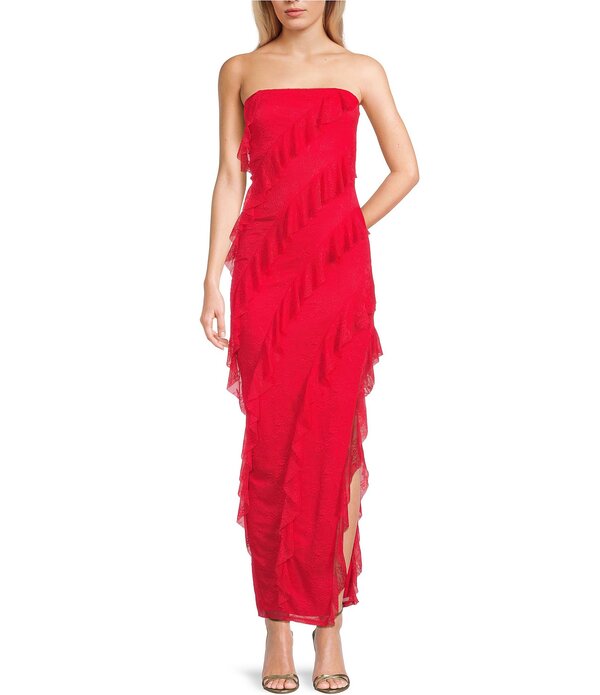 I.N.サンフランシスコ レディース トップス ワンピース アシンメトリー フリル メッシュ ストラップレス レース マキシ I.N. San Francisco Lace Mesh Strapless Asymmetrical Ruffle Maxi Dress Red レッド|ReVida 店
