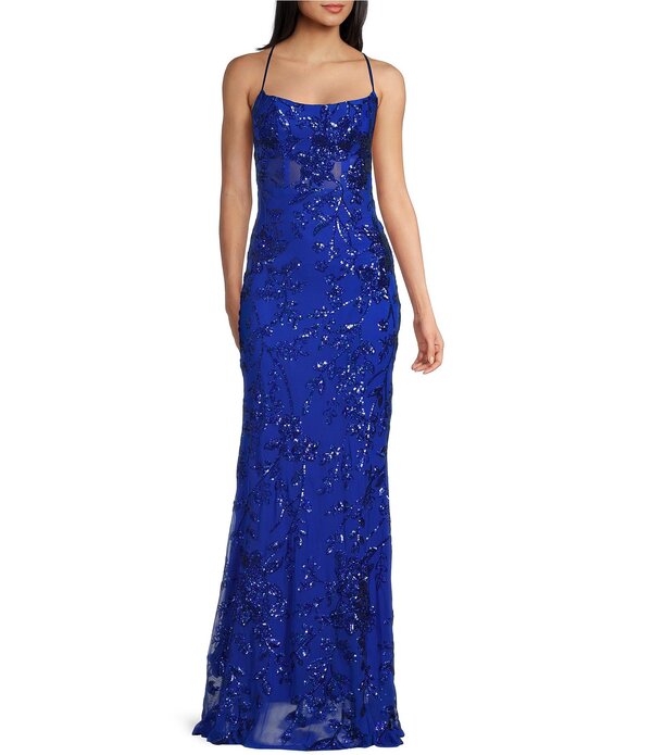 ビーダーリン レディース トップス ワンピース フラワー柄 スパンコール フラワー B. Darlin Sequin Floral Patterned Scoop Neck Criss Cross Back Dress Royal