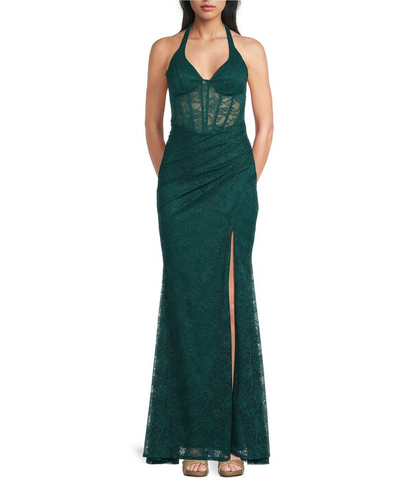 ビーダーリン レディース トップス ワンピース サイドスリット Vネック レース ホルター B. Darlin Glitter Lace Halter V-Neck Illusion Corset Side Slit Dress Hunter