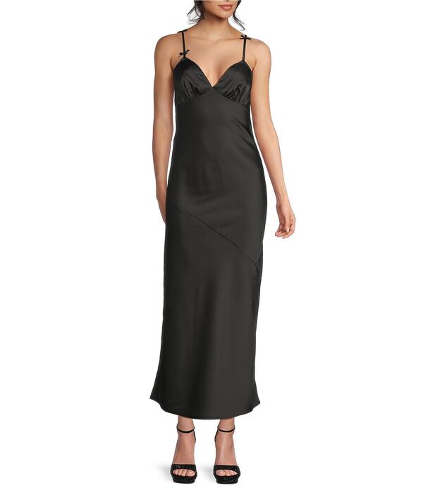 ミッドナイト ドール レディース トップス ワンピース Vネック サテン マキシ Midnight Doll Satin V-Neck Bow-Accented Maxi Dress Black ブラック｜ReVida 店