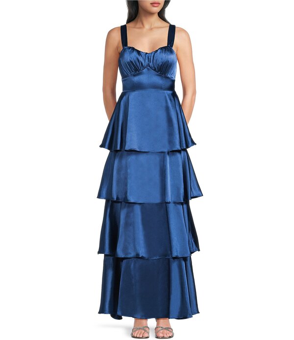 ミッドナイト ドール レディース トップス ワンピース ティアード フリル サテン Midnight Doll Satin Sweetheart Neck Tiered Ruffle Long Dress Denim デニム|ReVida 店