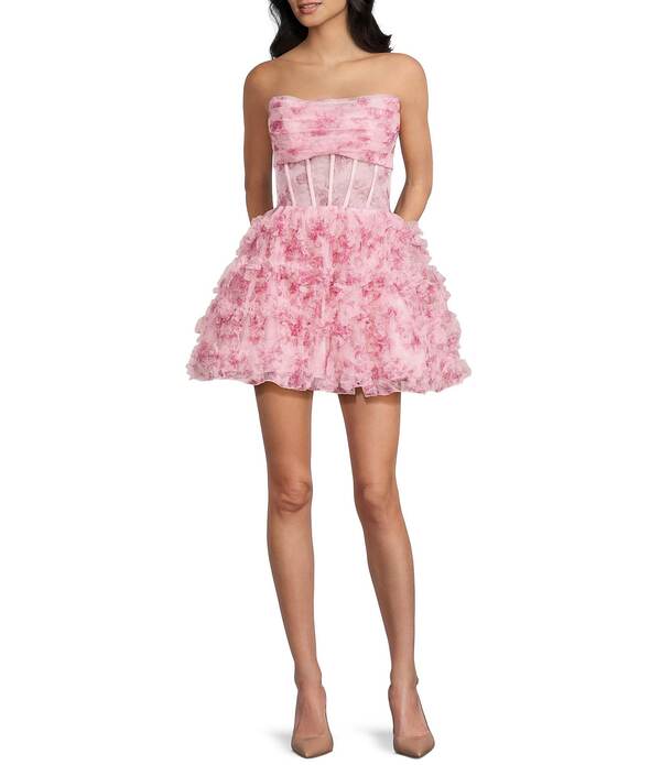 ビーダーリン レディース トップス ワンピース フラワー柄 プリント フリル メッシュ ストラップレス フラワー B. Darlin Floral Printed Mesh Strapless Illusion Corset Fit And Flare Ruffledress Light Pink/Fuchsia ピンク｜ReVida 店