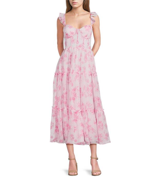 ビーダーリン レディース トップス ワンピース シフォン フラワー柄 プリント ミディ フラワー B. Darlin Chiffon Floral Printed Sweetheart Neck Bustier Layered Midi Dress Light Pink ピンク