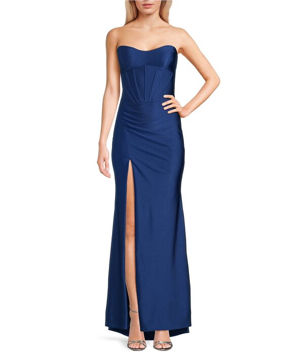 ミッドナイト ドール レディース トップス ワンピース サテン ストラップレス ニット ジャージー Midnight Doll Jersey Satin Knit Strapless Corsetedress Indigo インディゴ