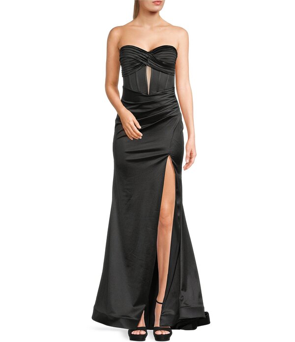 ハニーアンドロージー レディース トップス ワンピース サイドスリット ストラップレス Honey and Rosie Strapless Twist Front Illusion Corseted Side Slit Dress Black ブラック｜ReVida 店