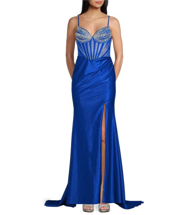 ビーダーリン レディース トップス ワンピース サイドスリット Vネック B. Darlin V-Neck Stonembellished Illusion Corseted Side Slit Ballgown Royal/Crystal ストーン|ReVida 店