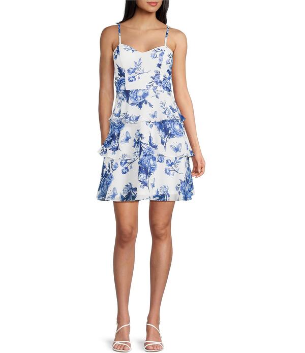 I.N.サンフランシスコ レディース トップス ワンピース ティアード フラワー柄 フリル ノースリーブ フラワー I.N. San Francisco Sleeveless Floral Sweetheart Neck Ruffle Tieredress Blue ブルー