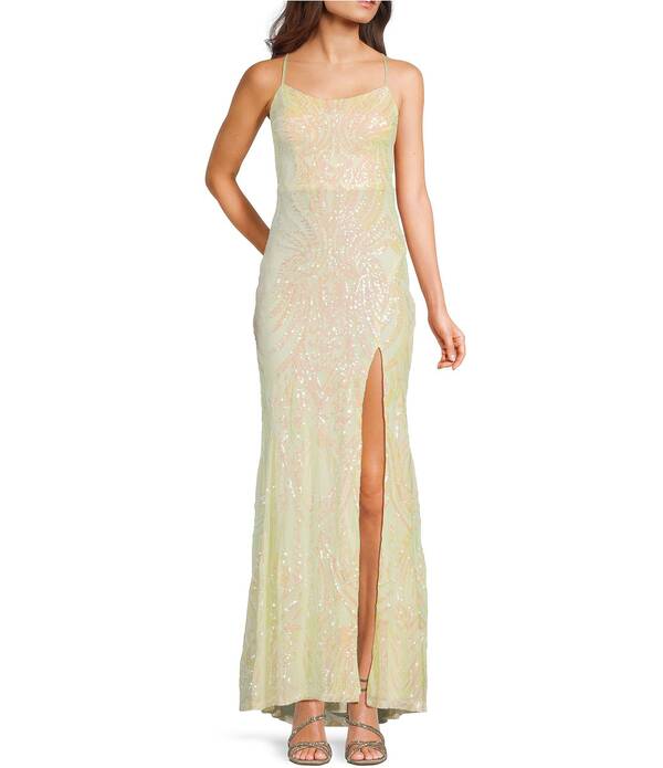 ミッドナイト ドール レディース トップス ワンピース サイドスリット スパンコール Midnight Doll Sequin Patterned Scoop Neck Side Slit Dress Pale Yellow イエロー