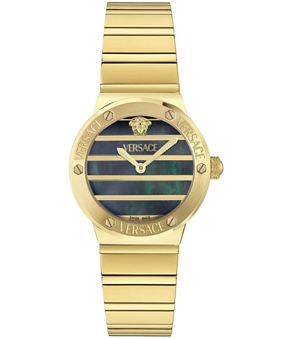 ヴェルサーチ レディース アクセサリー 腕時計 Tシャツ ロゴ Versace Women's Greca Logo Quartz Analogold Tone Stainlessteel Bracelet Watch Gold/Black Mother Of Pearl パール｜ReVida 店